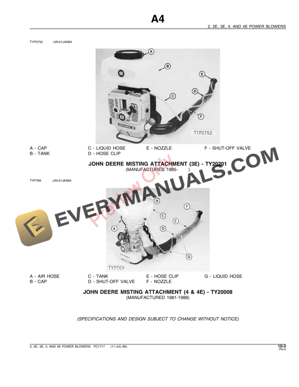 John Deere 2, 2E, 3E, 4, 4E Power Blowers Parts Catalog PC1717 11JUL96-5