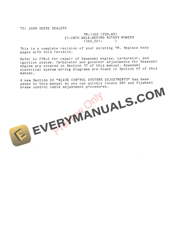 John Deere 2 Cycle 4 Cycle Walk Behind Rotary Mowers Brigggs and Stratton and Kawasaki engines 360 001 Technical Manual TM1369 01FEB88 3
