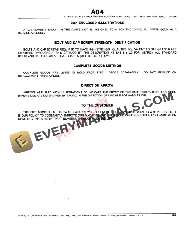 John Deere 2-Cycle Walk-Behind Rotary Mowers Parts Catalog PC2096 04SEP92-5