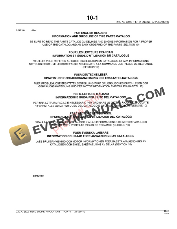 John Deere 2.9L AG (3029 Tier 2 Engine) Applications Parts Catalog PC9670 26SEP11-3