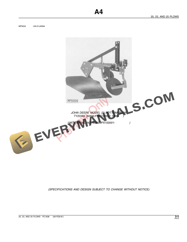 John Deere 20, 23, 25 Integral Plows Parts Catalog PC1838 06FEB87-5