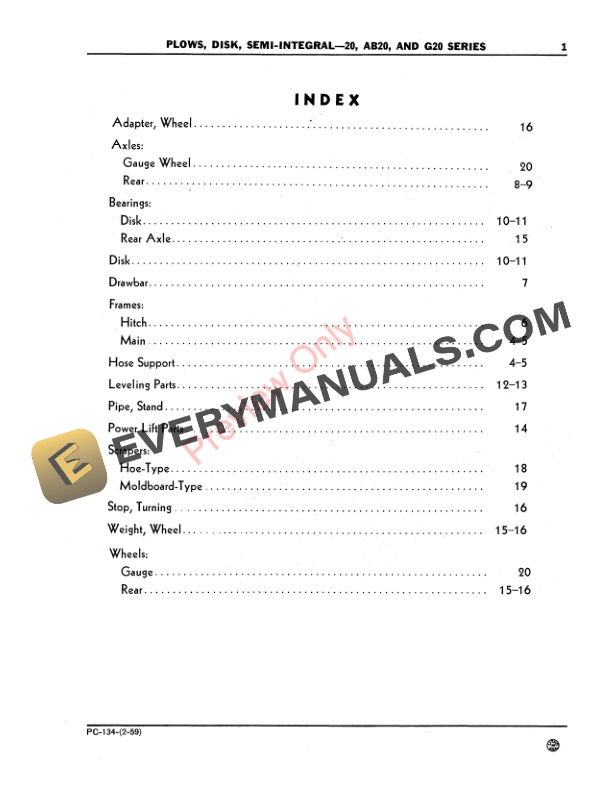 John Deere 20, AB20, G20 Series Disk Plow, Semi-Integral Parts Catalog PC134 01FEB59 4 John Deere 20, AB20, G20 Series Disk Plow, Semi-Integral Parts Catalog PC134 01FEB59-3