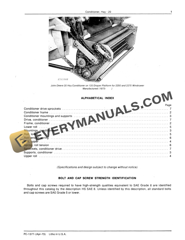 John Deere 20 Hay Conditioner Parts Catalog PC1377 01APR73-3