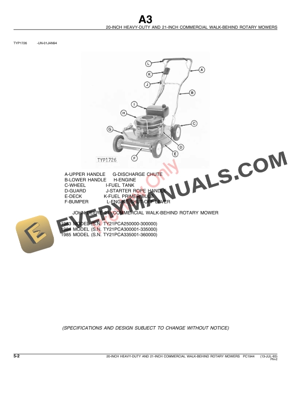 John Deere 20-Inch and 21-Inch Walk-Behind Mowers Parts Catalog PC1944 13JUL93 5 John Deere 20-Inch and 21-Inch Walk-Behind Mowers Parts Catalog PC1944 13JUL93-4