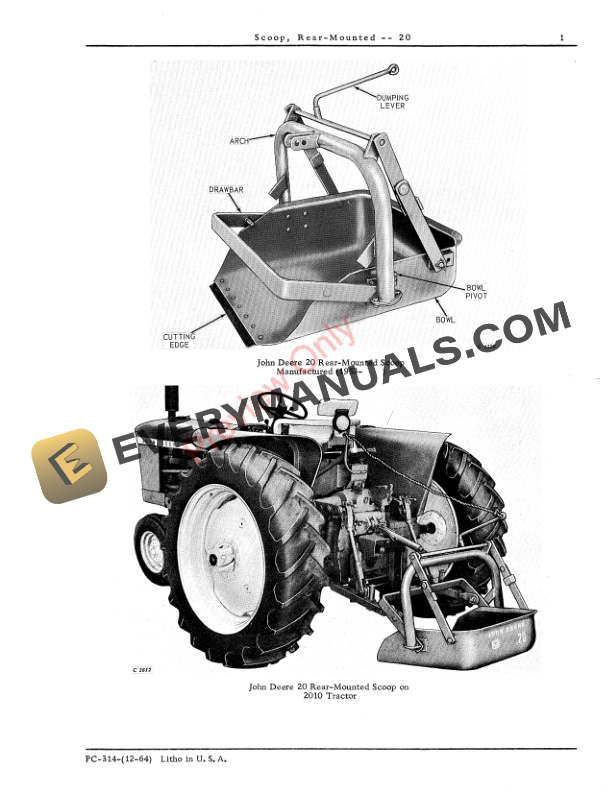 John Deere 20 Rear- Mounted Scoop Parts Catalog PC314 01DEC64-3