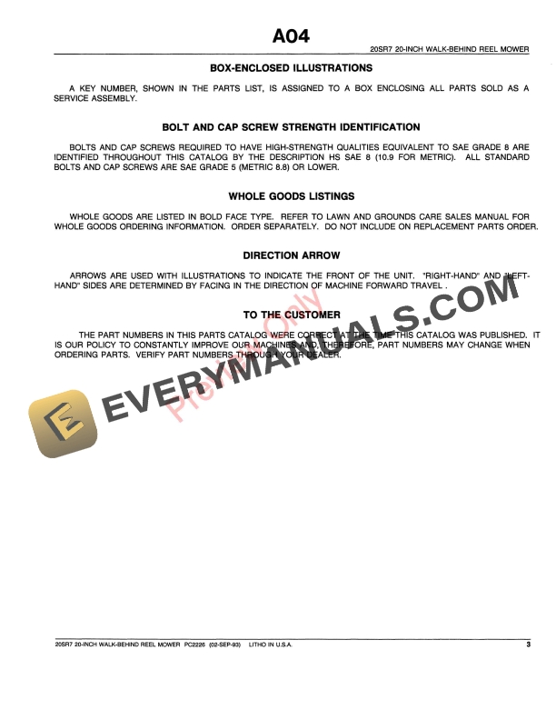 John Deere 20 SR7 Reel-Mounted Mower Parts Catalog PC2226 02SEP93 6 John Deere 20 SR7 Reel-Mounted Mower Parts Catalog PC2226 02SEP93-5