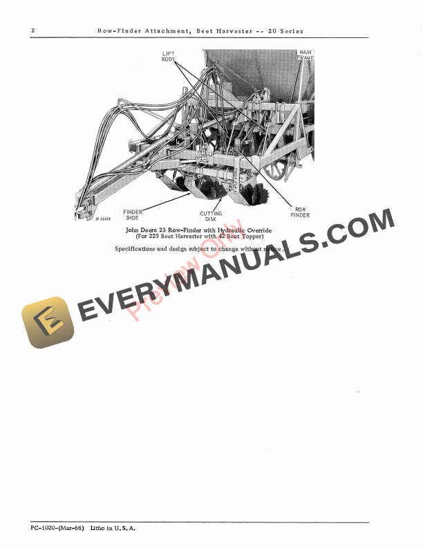 John Deere 20 Series Row Finder Attachment Parts Catalog PC1020 01MAR66 4