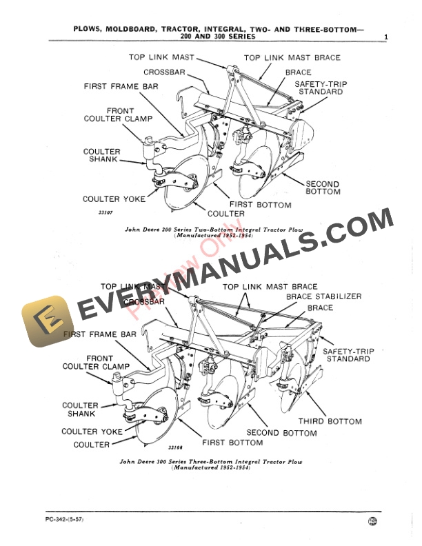 John Deere 200, 300 Series Integral Tractor Moldboard Plows Parts Catalog PC342 01MAY57-3