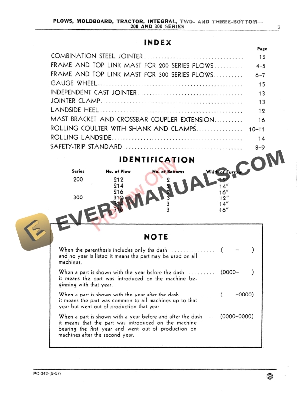 John Deere 200, 300 Series Integral Tractor Moldboard Plows Parts Catalog PC342 01MAY57-5