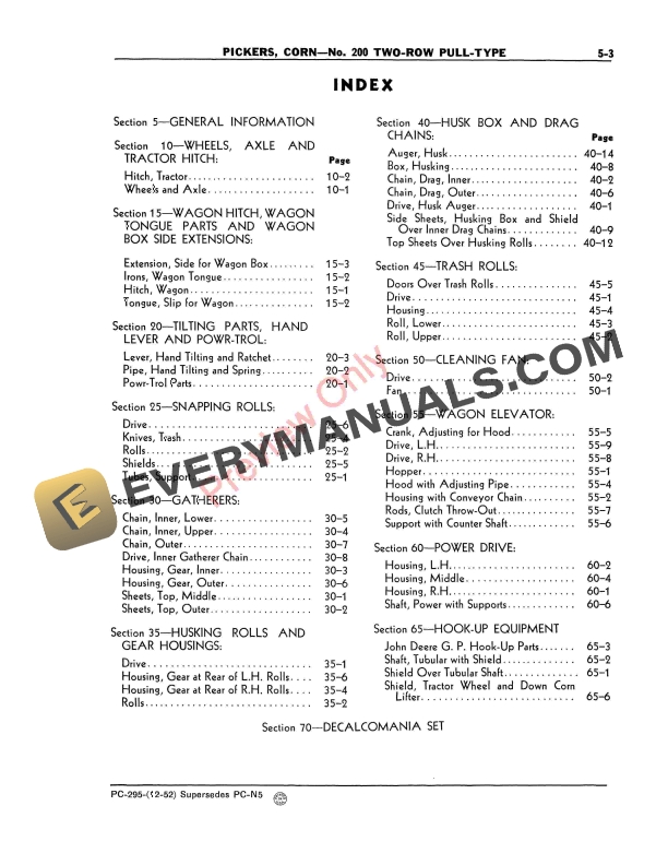 John Deere 200 Corn Picker Parts Catalog PC295 01MAY55-5