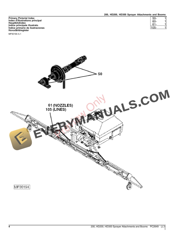 John Deere 200, HD200, HD300 SPRAYER ATTACHMENTS AND BOOMS Parts Catalog PC2649 26NOV23-4