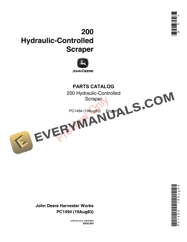 John Deere 200 Hydraulic-Controlled Scraper Parts Catalog PC1494 19AUG83-1