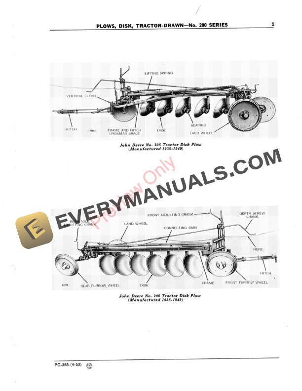 John Deere 200 Series Drawn Disk Plow Parts Catalog PC355 01APR53-3