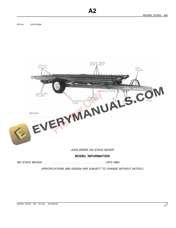 John Deere 200 Stack Mover Parts Catalog PC1439 02SEP83-3
