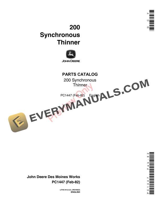 John Deere 200 Synchronous Thinner Parts Catalog PC1447 22FEB82-1