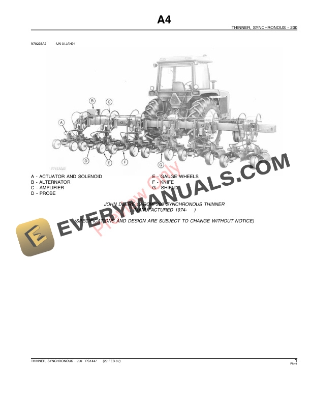 John Deere 200 Synchronous Thinner Parts Catalog PC1447 22FEB82-3