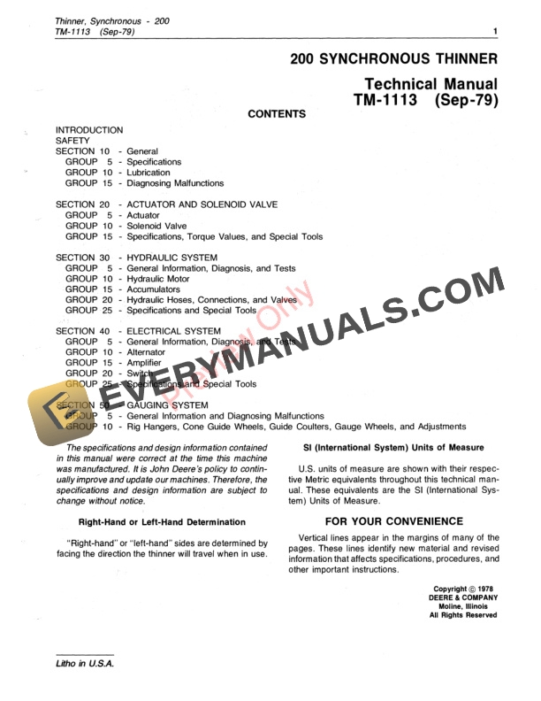 John Deere 200 Synchronous Thinner Technical Manual TM1113 01SEP79 3