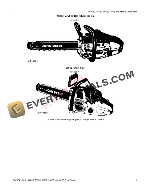 John Deere 200CS, 230CS, 300CS, 350CS, 550CS CHAIN SAWS Parts Catalog PC2674 11MAY18-3