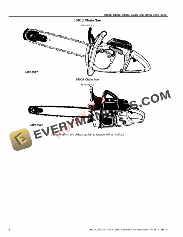 John Deere 200CS, 230CS, 300CS, 350CS, 550CS CHAIN SAWS Parts Catalog PC2674 11MAY18-4