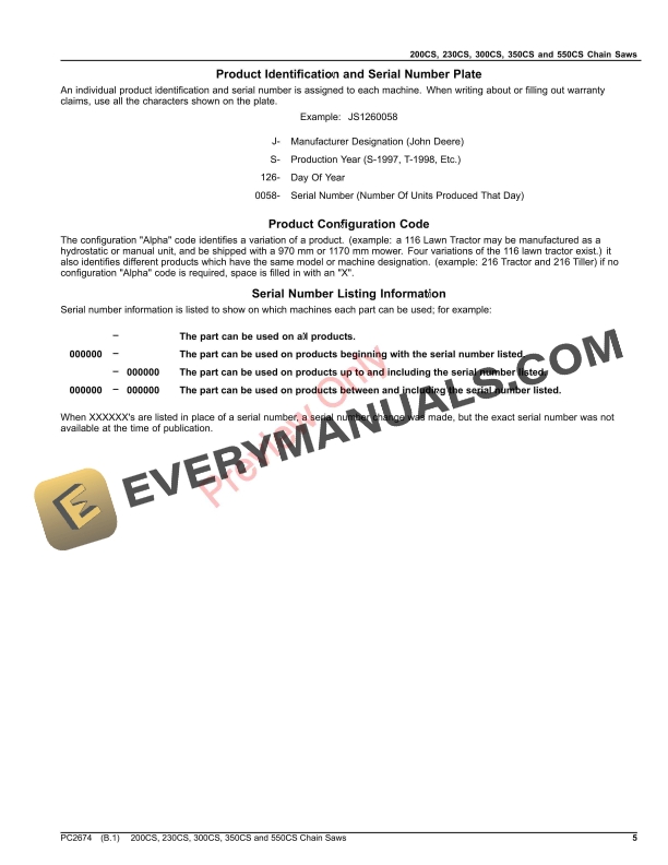 John Deere 200CS, 230CS, 300CS, 350CS, 550CS CHAIN SAWS Parts Catalog PC2674 11MAY18-5