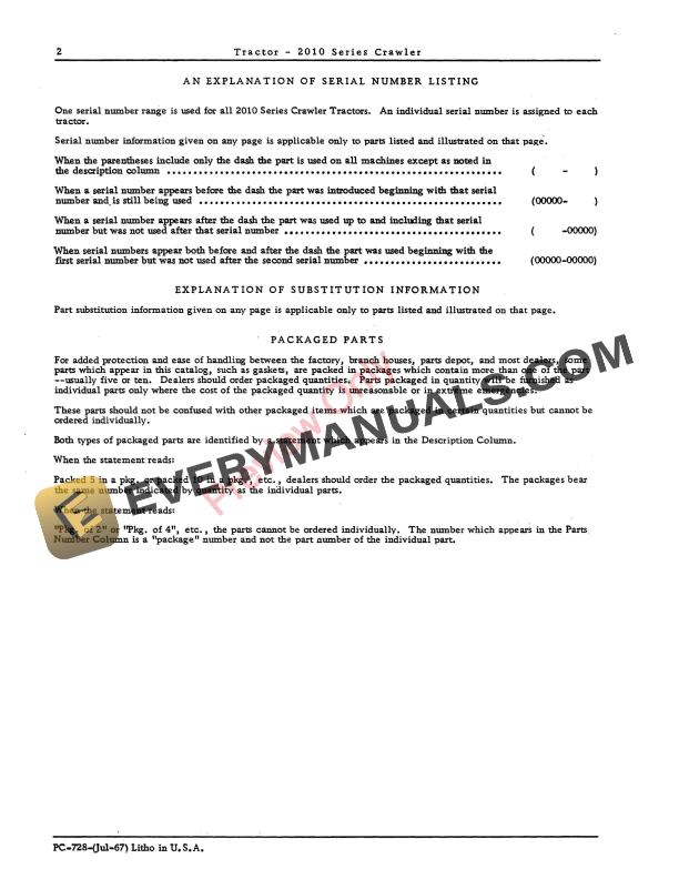 John Deere 2010 Series Crawler Tractors Parts Catalog PC728 01JUL67-4