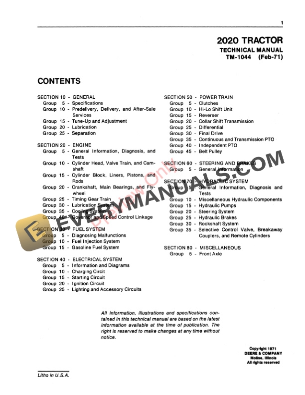 John Deere 2020 Tractor 117500 Technical Manual TM1044 01FEB71 3