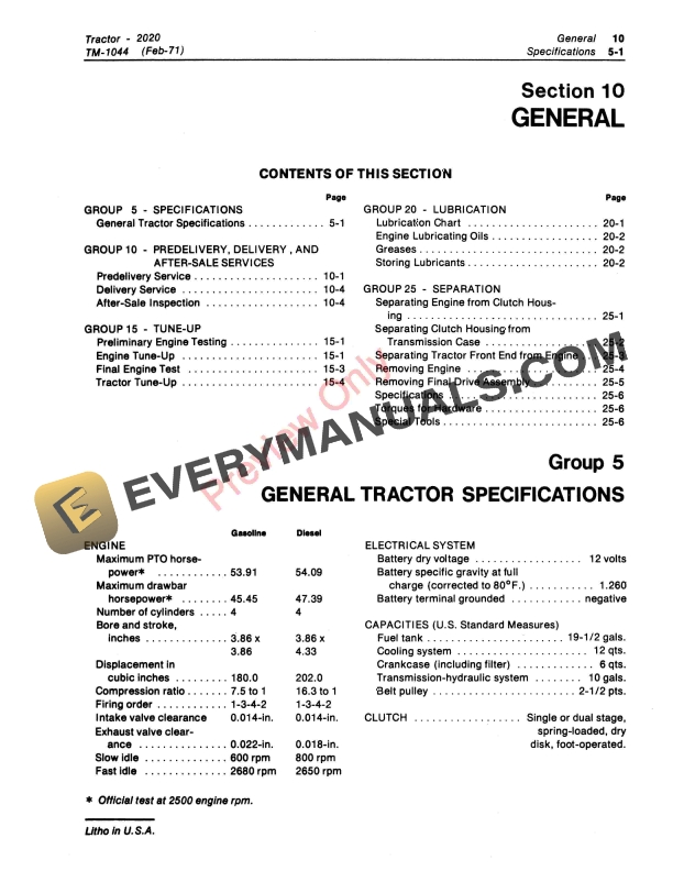 John Deere 2020 Tractor 117500 Technical Manual TM1044 01FEB71 5