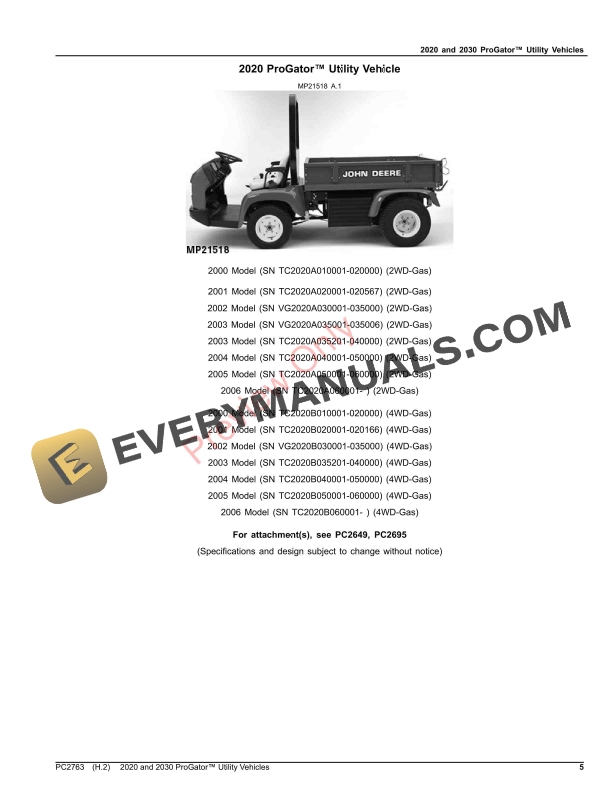 John Deere 2020 and 2030 ProGator Utility Vehicle Parts Catalog PC2763 08SEP23 6 John Deere 2020 and 2030 ProGator Utility Vehicle Parts Catalog PC2763 08SEP23-5
