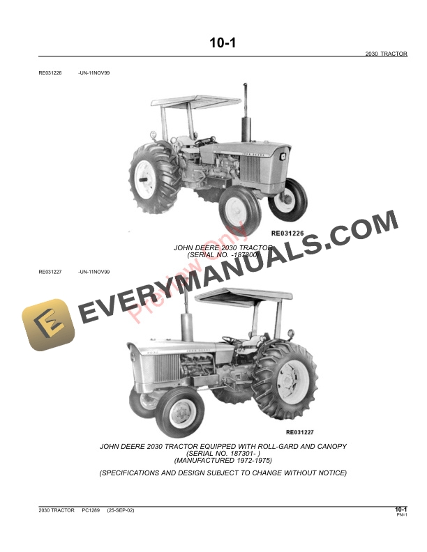 John Deere 2030 Utility Tractor Parts Catalog PC1289 11MAY11 4 John Deere 2030 Utility Tractor Parts Catalog PC1289 11MAY11-3