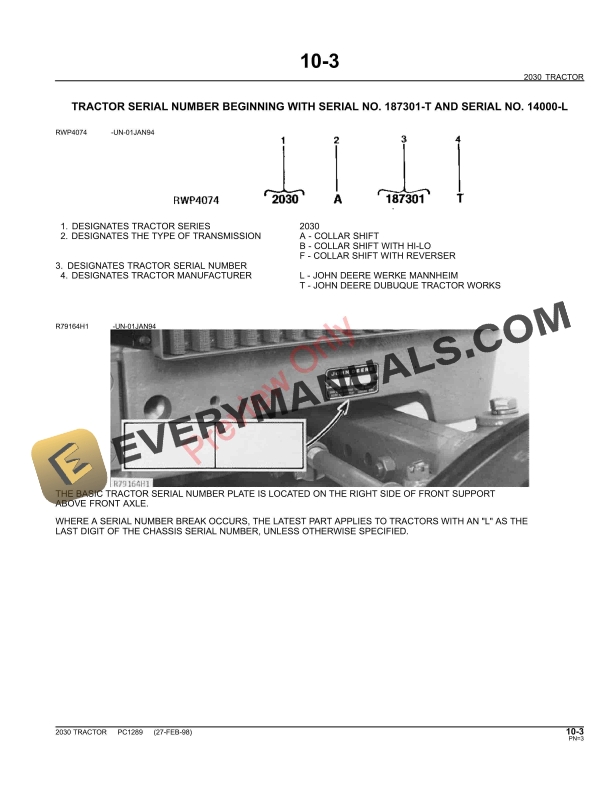 John Deere 2030 Utility Tractor Parts Catalog PC1289 11MAY11 6 John Deere 2030 Utility Tractor Parts Catalog PC1289 11MAY11-5