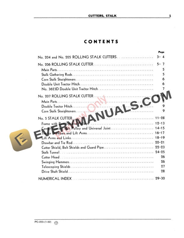 John Deere 204, 205, 206, 307 Rolling Stalk Cutter, 5 Stalk Cutter Parts Catalog PC223 01JAN52-3