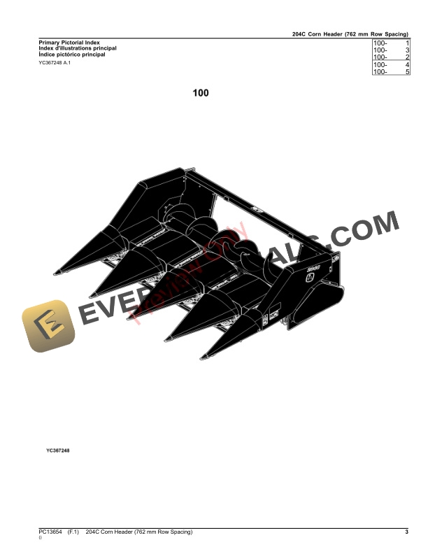 John Deere 204C Corn Header (762 mm Row Spacing) Parts Catalog PC13654 10APR23-3