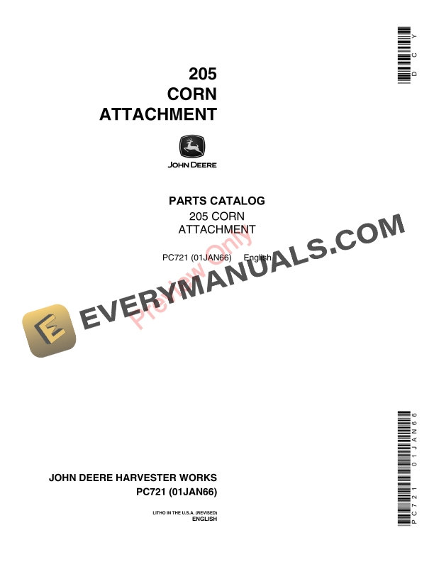 John Deere 205 Corn Attachment Parts Catalog PC721 01JAN66-1