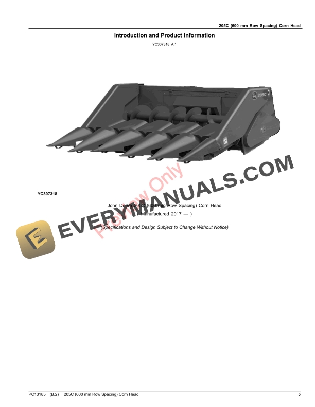 John Deere 205C (600 mm Row Spacing) Corn Head Parts Catalog PC13185 25JUL23-5