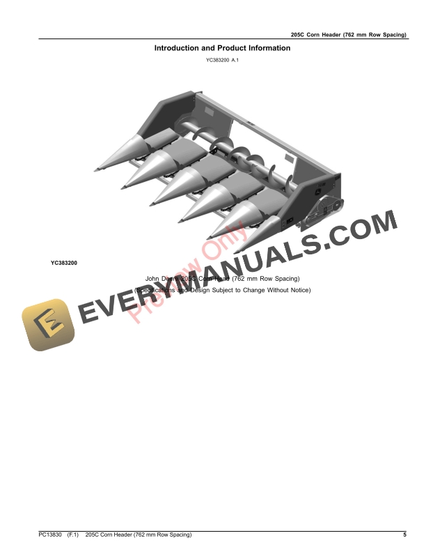John Deere 205C Corn Header (762 mm Row Spacing) Parts Catalog PC13830 25JUL23-5