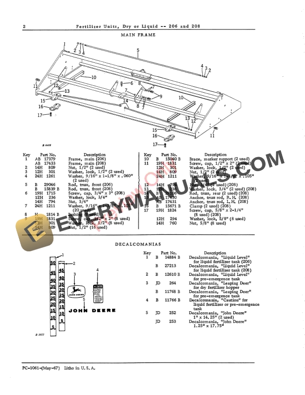 John Deere 206 208 Dry or Liquid Fertilizer Units Parts Catalog PC1061 01MAY67 4