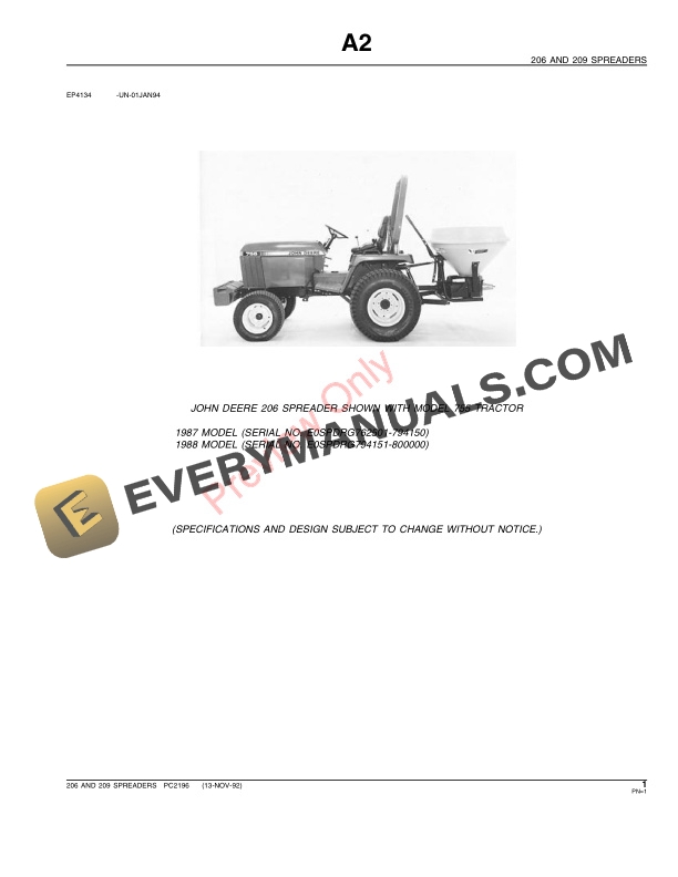 John Deere 206, 209 Spreaders Parts Catalog PC2196 13NOV92-3