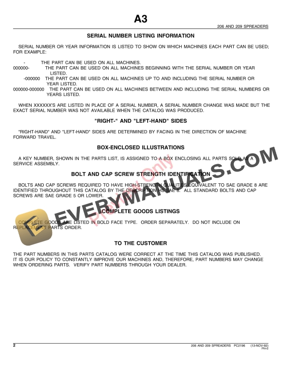 John Deere 206, 209 Spreaders Parts Catalog PC2196 13NOV92-4