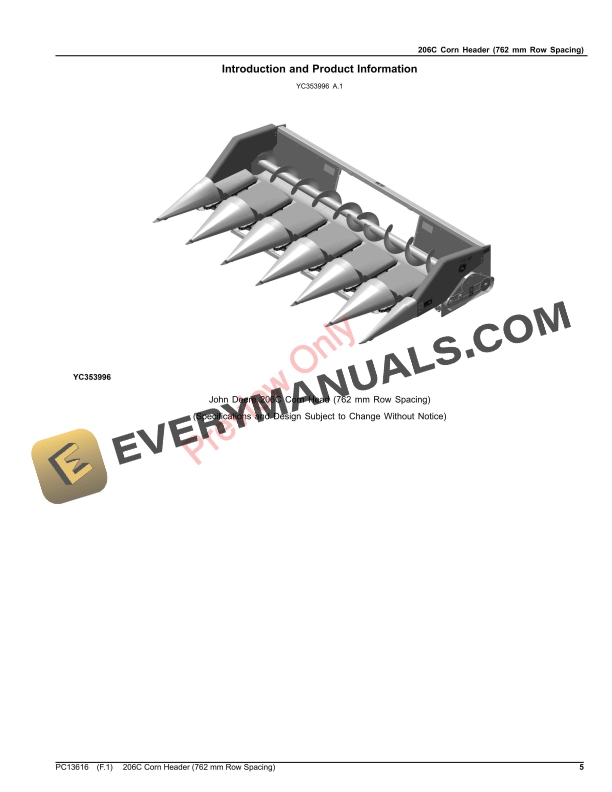 John Deere 206C Corn Header (762 mm Row Spacing) Parts Catalog PC13616 10APR23-5