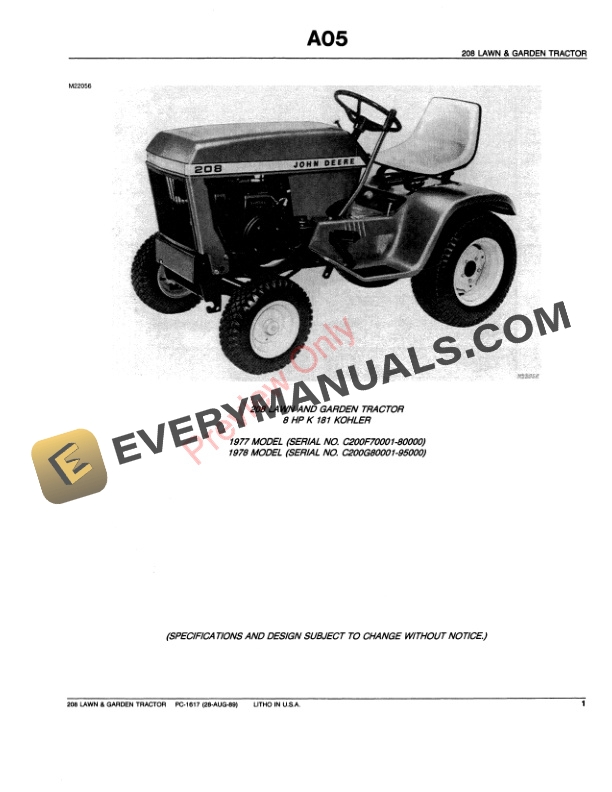 John Deere 208 Lawn and Garden Tractor Parts Catalog PC1617 28AUG89-3