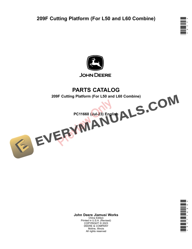 John Deere 209F Cutting Platform (For L50 and L60 Combine) Parts Catalog PC11660 18JUL23-1