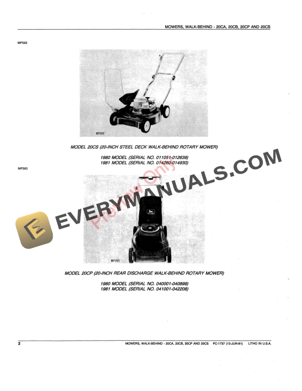 John Deere 20CA, 20CB, 20CP, 20CS Walk-Behind Mowers Parts Catalog PC1737 01JUN81-4