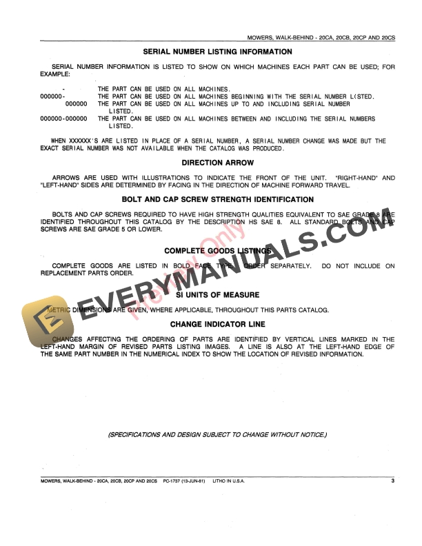John Deere 20CA, 20CB, 20CP, 20CS Walk-Behind Mowers Parts Catalog PC1737 01JUN81-5