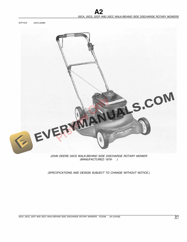 John Deere 20CC, 20CA, 20CS, 22CP Side Discharge Walk-Behind Mowers Parts Catalog PC2238 24JUN88-4