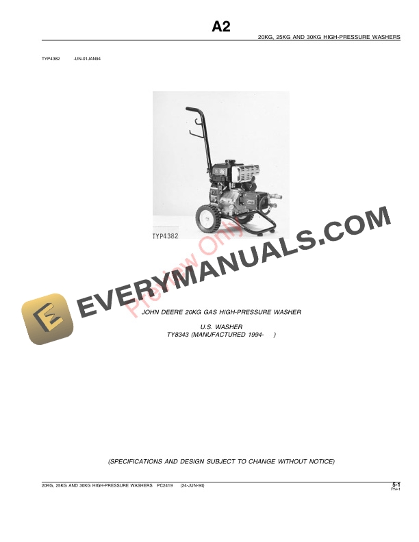 John Deere 20KG, 25KG, 30KG High-Pressure Washers Parts Catalog PC2419 08JUN95 4 John Deere 20KG, 25KG, 30KG High-Pressure Washers Parts Catalog PC2419 08JUN95-3