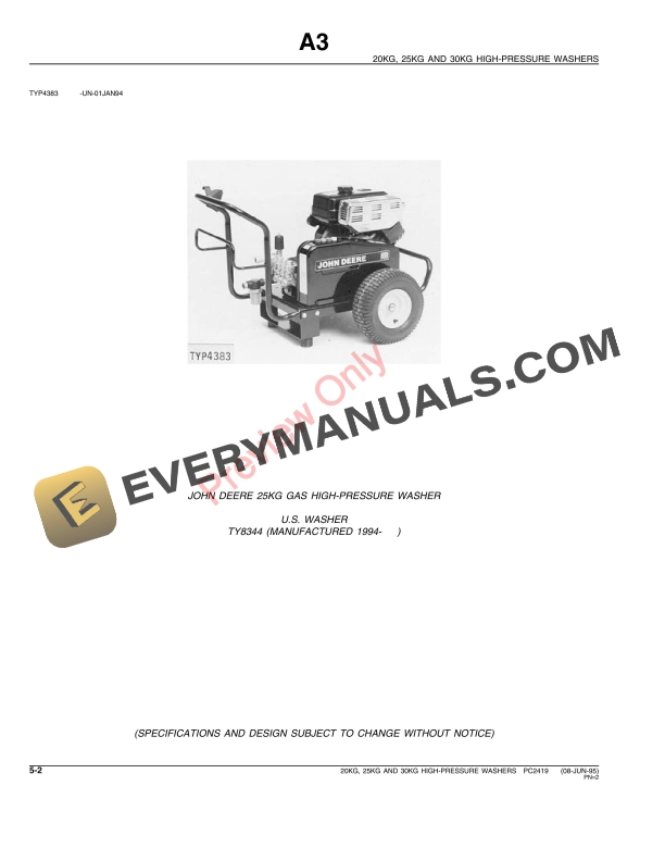 John Deere 20KG, 25KG, 30KG High-Pressure Washers Parts Catalog PC2419 08JUN95 5 John Deere 20KG, 25KG, 30KG High-Pressure Washers Parts Catalog PC2419 08JUN95-4