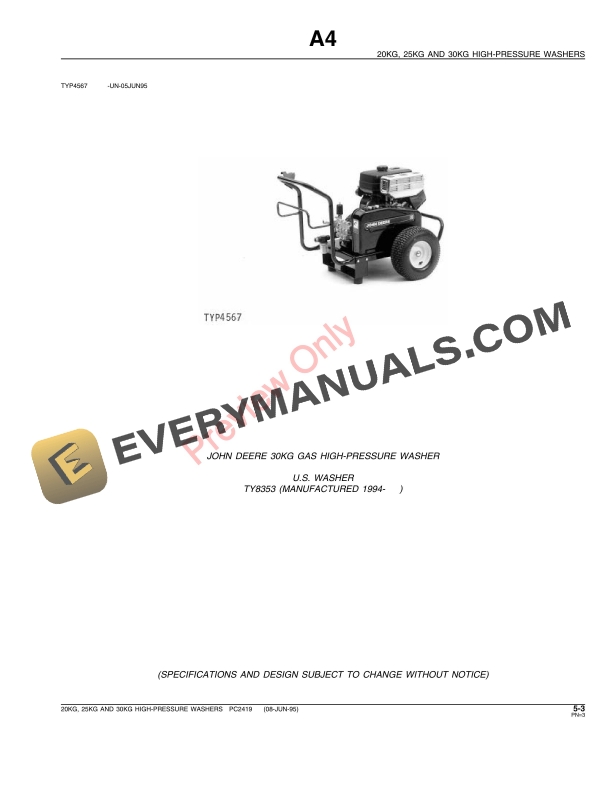 John Deere 20KG, 25KG, 30KG High-Pressure Washers Parts Catalog PC2419 08JUN95 6 John Deere 20KG, 25KG, 30KG High-Pressure Washers Parts Catalog PC2419 08JUN95-5