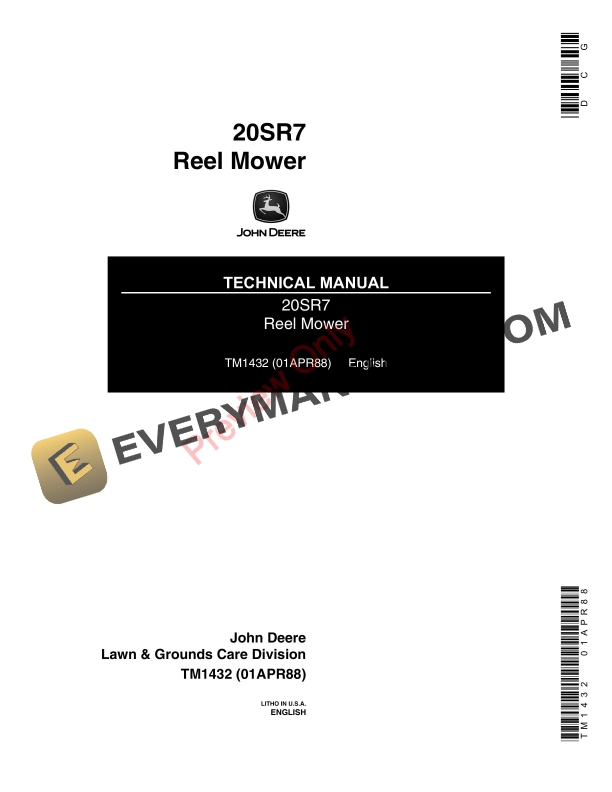John Deere 20SR7 Reel-Mounted Mower Technical Manual TM1432 01APR88 2 John Deere 20SR7 Reel-Mounted Mower Technical Manual TM1432 01APR88-1