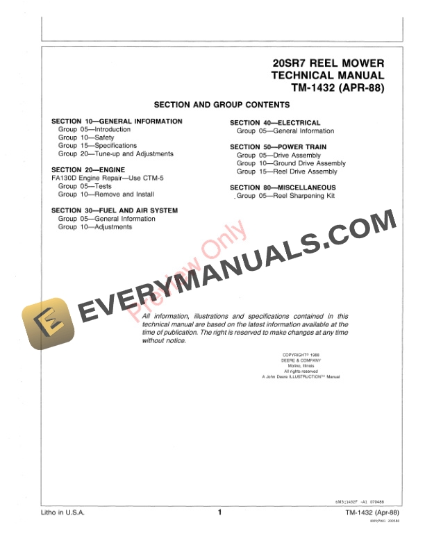 John Deere 20SR7 Reel Mounted Mower Technical Manual TM1432 01APR88 3