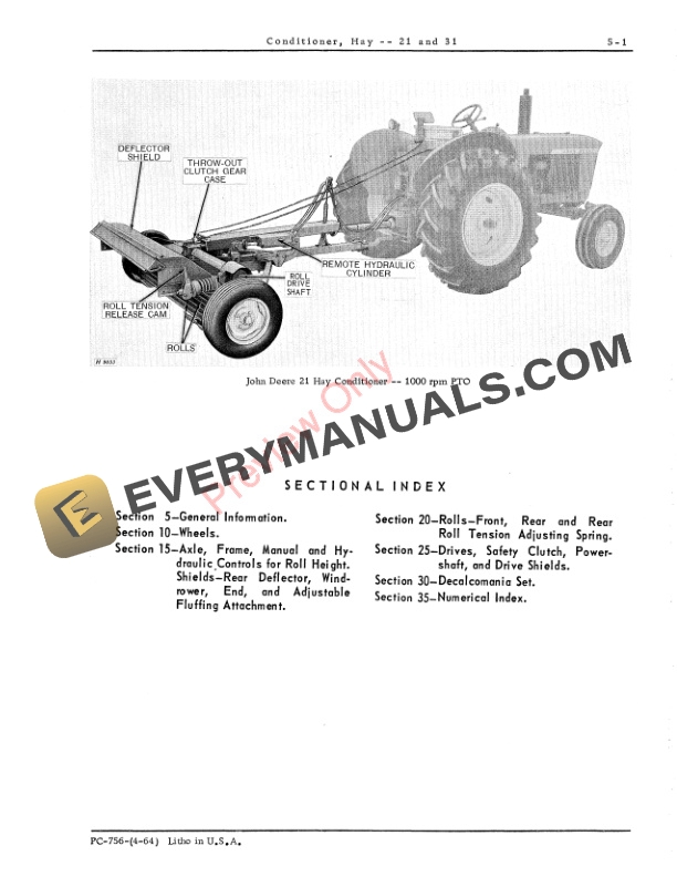 John Deere 21, 31 Hay Conditioners Parts Catalog PC756 01APR64-3